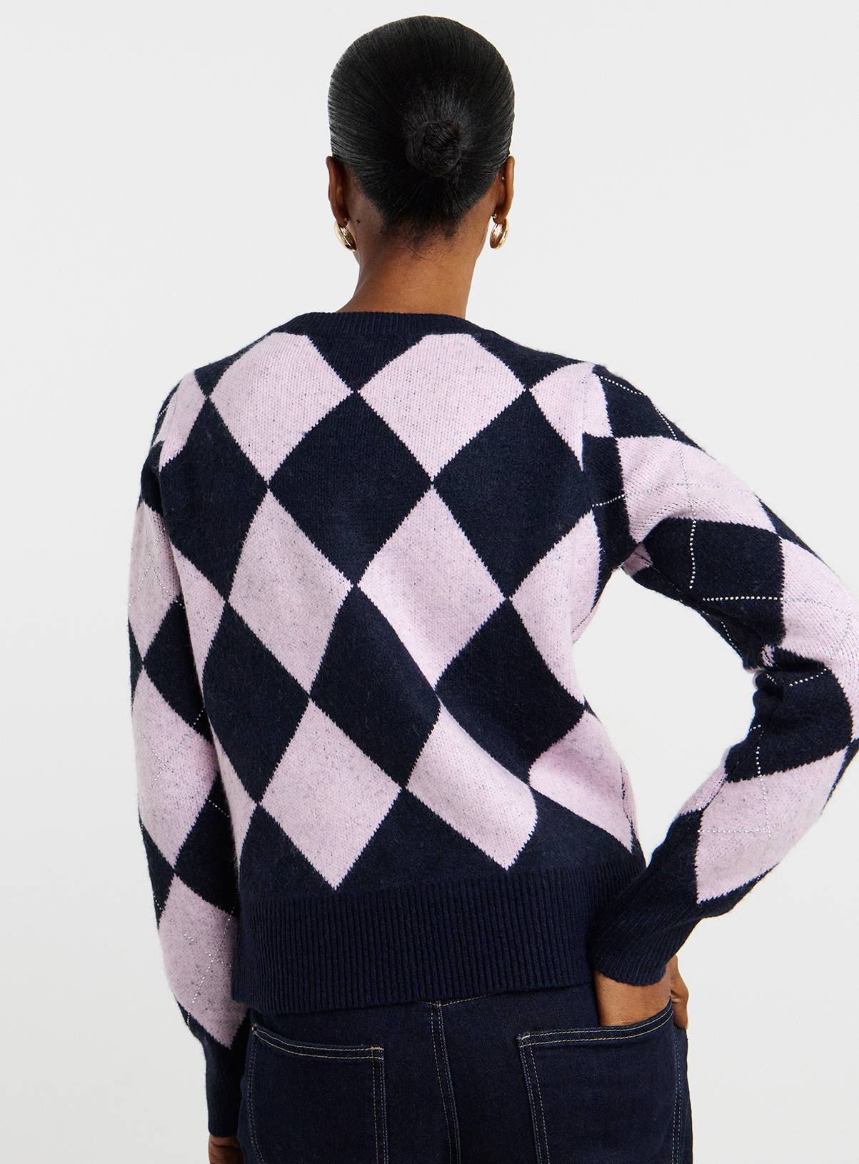 JD WILLIAMS Diamante Argyle Crew Neck Cardigan 12-14 - Image 2